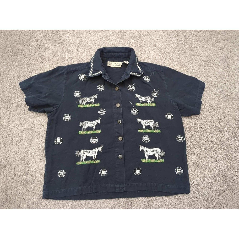 Life Style Button Up Shirt Womens Small Safari Embroidered Zebra Button Up Linen